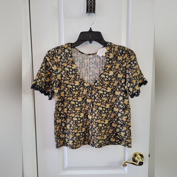 Sézane Celia T-Shirt Blouse Black Blossom Floral Print Organic Cotton Size XS - Picture 2 of 10